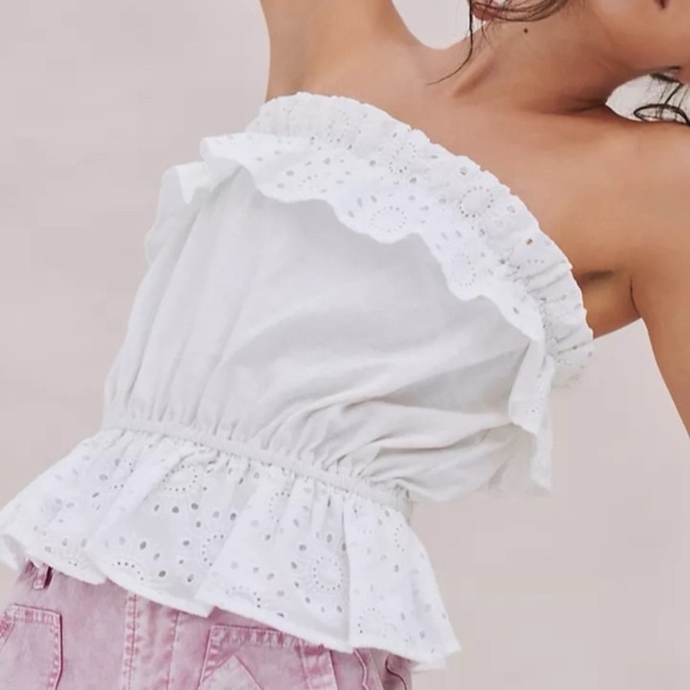 anthropologie porridge sloane ruffle peplum strapless blouse